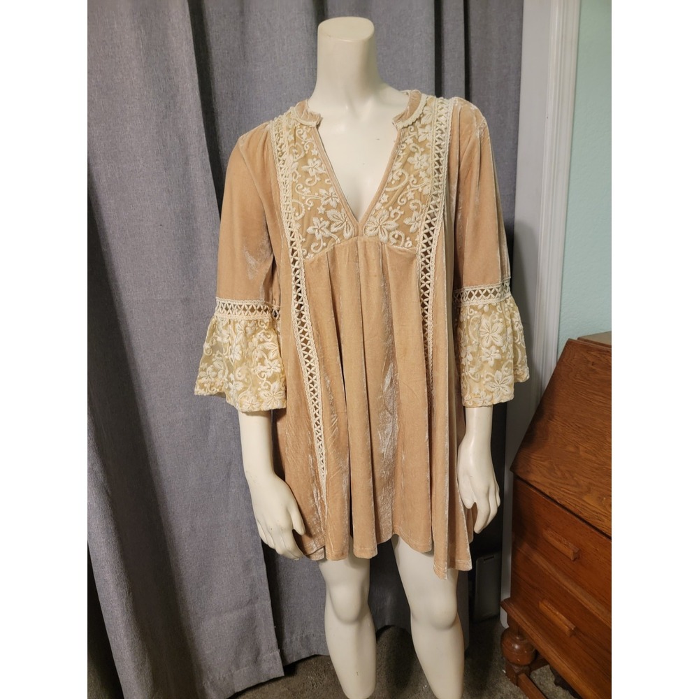 Whimsgoth Dark Fairy Tan Velvet & Lace V Neck Bell Sleeve Babydoll Dress POL S